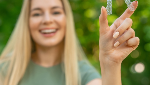 A smiling woman holding Houston Invisalign
